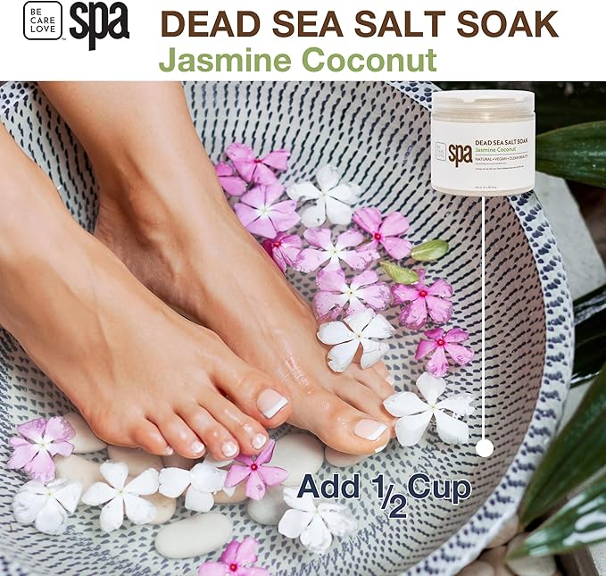 BCL SPA Dead Sea Salt Soak - Bath Salt with Organic Jasmine + Coconut, Shae Butter, Arnica, Aloe Vera Juice, Chamomile, Argan Oil & Jojoba Oil Skin Exfoliator - Home/Professional Use 16 fl oz