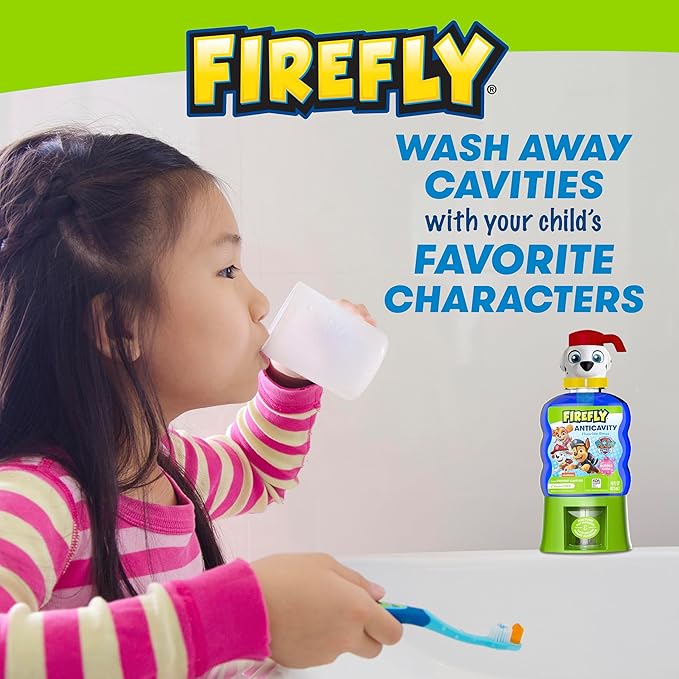 Firefly Kids Anti-Cavity Fluoride Rinse, Paw Patrol, Alcohol Free Formula, ADA Accepted, Helps Prevent Cavities, Bubble Gum Flavor, 16 Ounce
