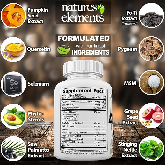 Natures Elements DHT Blocker – Herbal Formula with Saw Palmetto, Fo-Ti & Beta-Sitosterol – Supports Hair Regrowth & Gray Hair Reversal – 60 Tablets – Non-GMO, Vegetarian