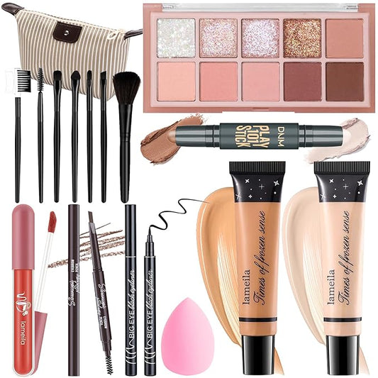 Makeup Kit For Girls Teens Women, Makeup Set, Makeup Present, Includes Eyeshadow Palette, Foundation, Eyebrow Pencil, Eyeliner, Lip Gloss, Counter Stick, Makeup Brush Set Bag & Sponge