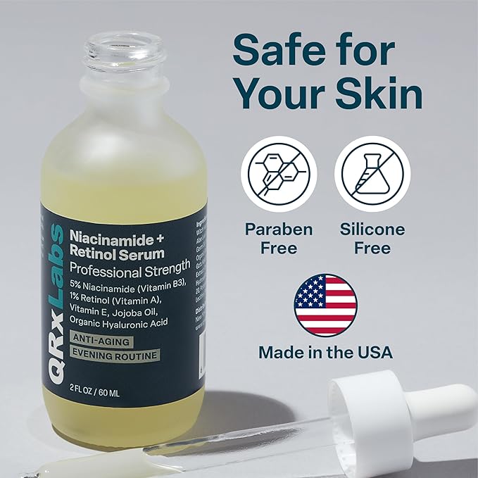 QRxLabs Niacinamide & Retinol Serum - 2 fl Oz - Niacinamide, Retinol & Arbutin - Anti-Aging Pore & Wrinkle Reducer - Fades Blemishes & Tightens Skin