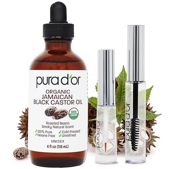 PURA D'OR 4 Oz ORGANIC Jamaican Black Castor Oil - Natural Smoky Scent - w/ 2 BONUS Empty Brushes - 100% Pure USDA Certified Cold Pressed & Roasted, Hexane Free Eyelash & Eyebrow Serum