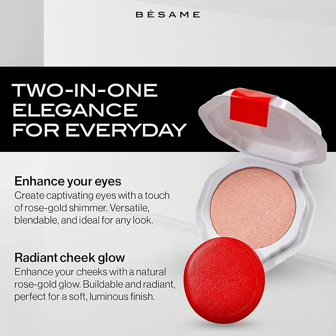 Besame Rose Gold Powder Blush & Eyeshadow 1959 Refill | Fits Signature Compacts Post-2019 | Sunkissed Pink-Gold | Vintage Inspired | 2-In-1 Cheek & Eyelid Highlighter | Sustainable Beauty Routine