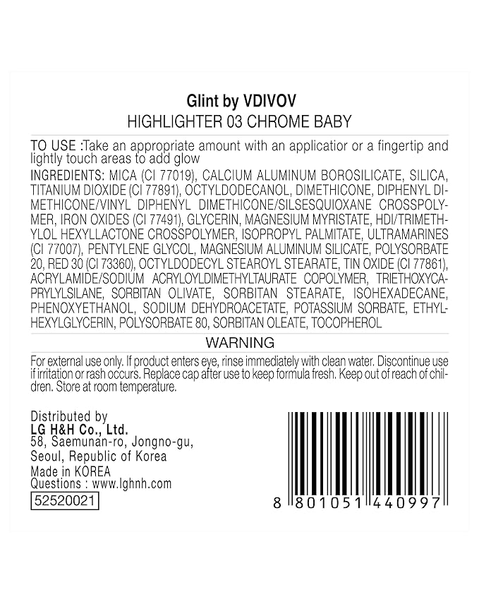 Glint Dewy Highlighter (Chrome Baby, 0.08oz) - Luminous Glow, Infused with Micropearls, Shiny Illuminator. Rich Pigment & Silky Touch, Korean Makeup.