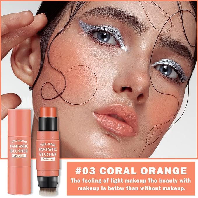 Cream Blush Stick with Brush,Waterproof Blush Makeup,Long Lasting 3 In 1 Cheek Blush & Lip Tint & Eye Shadow Makeup Stick,Easy To Use Blends Effortlessly,Cream Blush Makeup for All Skin Tones - Coral Orange