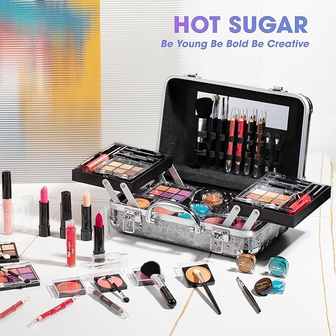 Hot Sugar Makeup Kit for Girls 10-12, Teen Girls Makeup Set for Beginners With Eye Shadow Palette, Blush, Lip Gloss, Brush, Mirror (Black Bubble)