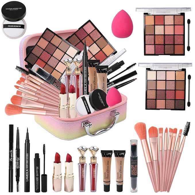 Makeup Kit for Teen Girls,All in One Makeup Kit for 2X16 Colors Eyeshadow Liquid Foundation Eyeliner Pencils Contouring Stick Lip Gloss Eyebrow Pencils 8Pcs Makeup Brushes etc (rainbow)