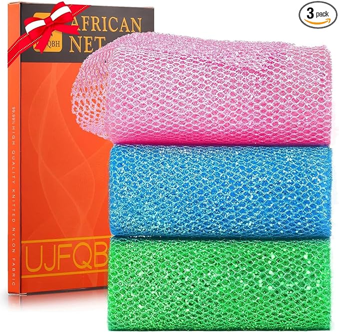 UJFQBH 3 Piece Bright Style African exfoliating net Exfoliating Shower Set Long Bath Sponges for Smooth, Refreshed Skin, The Exterior Gleams - Ideal for Daily Use (Bright Pink, Blue, Green)