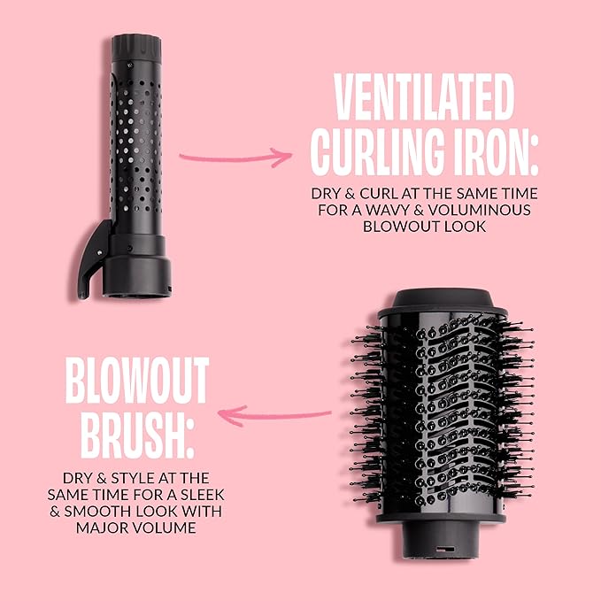 Foxybae Super Styler – 4-in-1 Blow Dryer Brush Set - Diffuser, Blowout Brush, 1.25” Curling Barrel & Drying Cylinder - Voluminous, Frizz-free Hair - Blow Dryer, Straightener & Curler [Black Rose-Gold]
