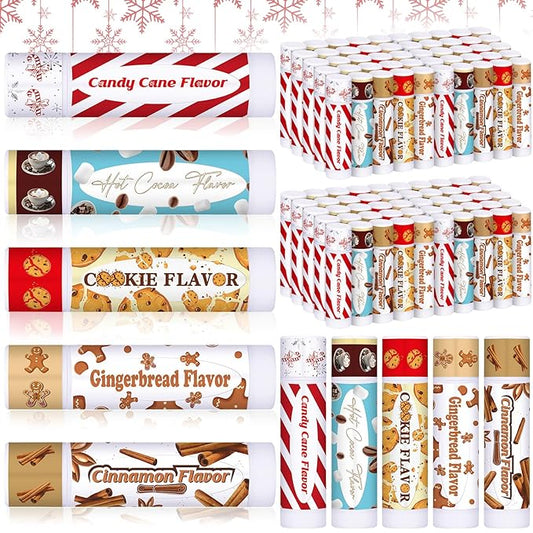 50 Pcs Christmas Lip Balms Gifts Bulk Cane Hot Cocoa Cookie Cinnamon Gingerbread 5 Assorted Flavor Holiday Party Treat Goodie Bags Stuffers Small Gifts for Friends Neighbors Colleagues
