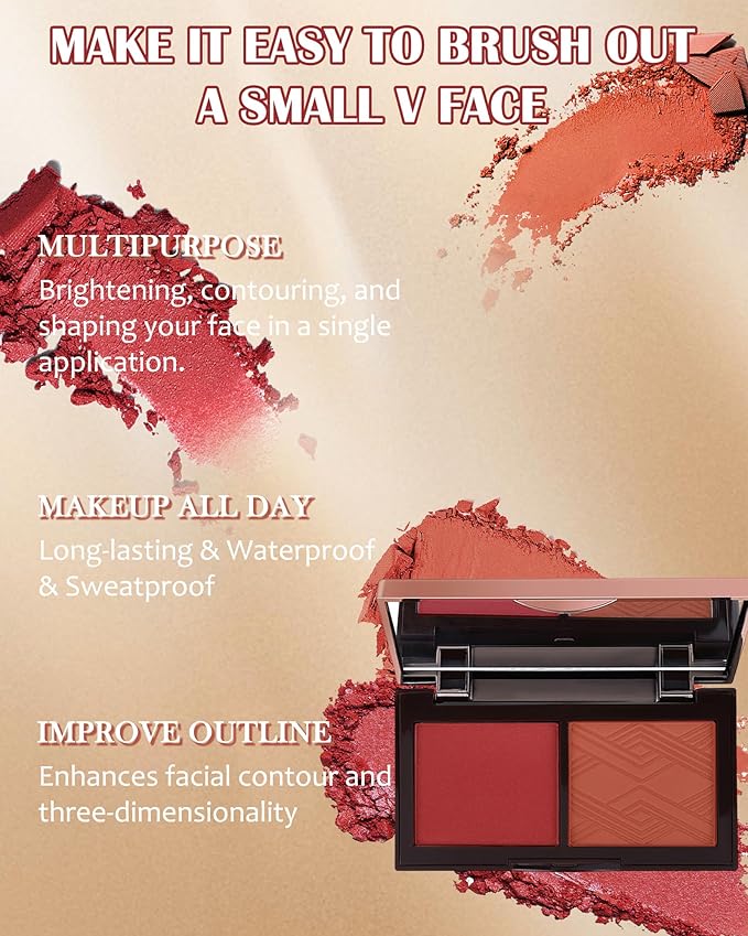 Matte Blush Powder Palette-2Colors Cruelty-Free Buildable Facial Cheek Blusher Pressed Powder Light Luxury Blush Contour Palette for Face,Longlasting Makeup Palette,Valentine's Day Gift for Women-04