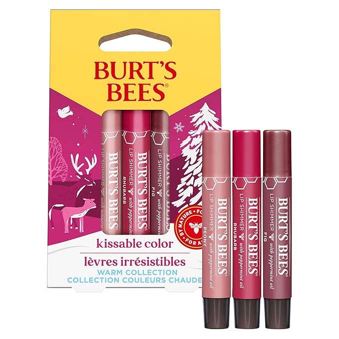 Burt's Bees Lip Shimmer Gift Set, Kissable Color, Warm Collection, 3-Pack, 0.09 oz.