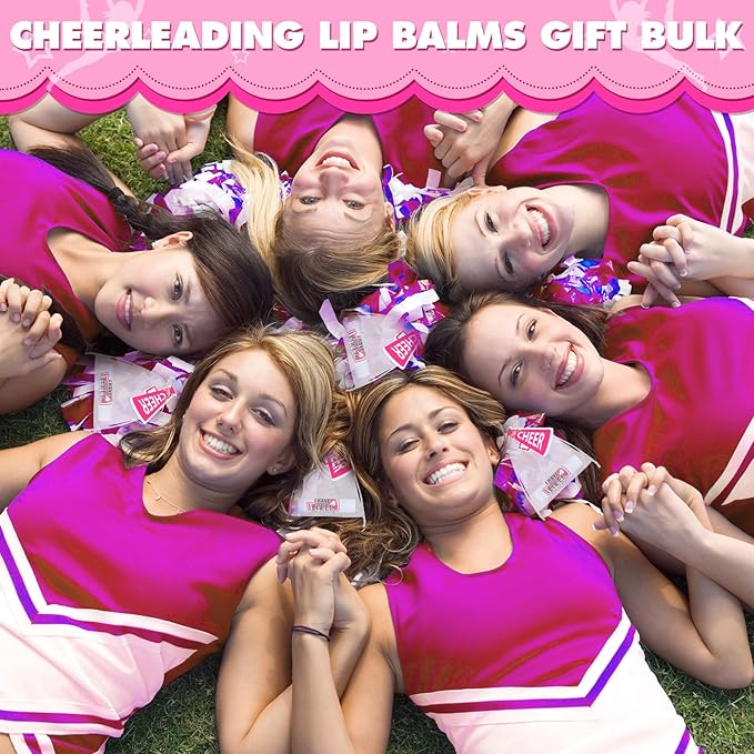 50 Sets Cheer Gifts Bulk 50 Cheer Lip Balm Bulk Moisturizing with 50 Organza Drawstring Gift Bags 50 tags Cheerleader Gifts Cheer Gifts Bulk for Team (Pink)