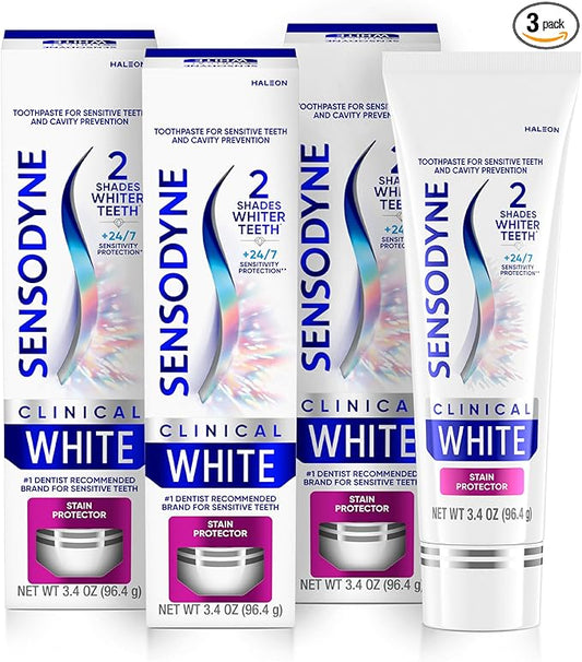 Sensodyne Clinical White Toothpaste Clinically Proven Whitening for Sensitive Teeth, Stain Protector, 3.4 oz x 3