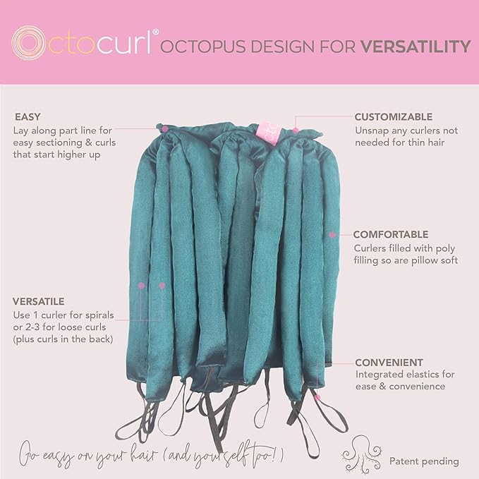 Octocurl Heatless Hair Curler - No Headband Octopus Curler - Overnight Curls for Medium Length Hair (Satin - Jade)