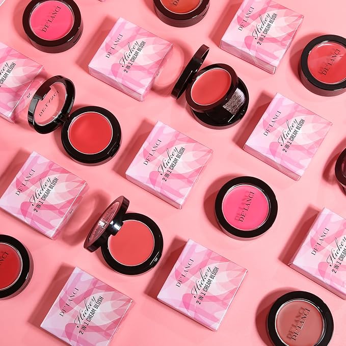 DE'LANCI Soft Cream Blush, Intense Color Pay off Putty Blush for Cheeks, Long Lasting Natural Look Rouge for Dark Skin, Blendable Pinkness Flush Korean Blush with Mirror and Brush,No Greasy (ROSE 02#)