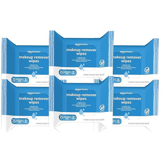 Amazon Basics Make Up Remover Wipes, Fragrance Free, 25 Count, Pack of 6 (Previously Solimo)