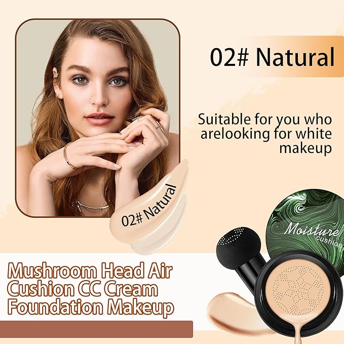 Mushroom Head Air Cushion CC Cream Foundation Makeup,Moisturizing Non-Greasy BB Cream Foundation,Long Lasting Matte Concealer Full Coverage Face Makeup Liquid Foundation for All Skin Types(Natural)