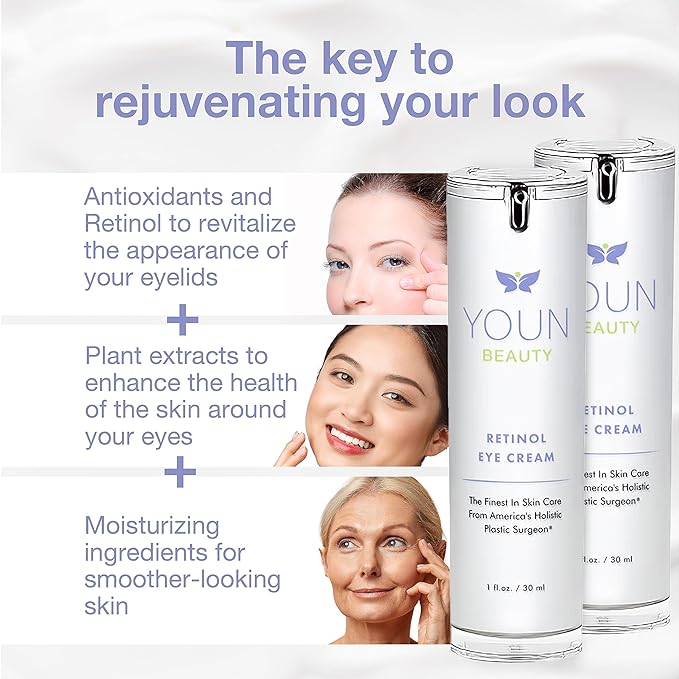 YOUN Beauty Retinol Eye Cream by Holistic Plastic Surgeon Dr. Anthony Youn – Paraben-Free Night Eye Cream with 1% Retinol and Hyaluronic Acid – Under Eye Cream for Hydration and Skin Firming, 1 Fl Oz