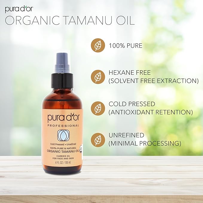PURA D'OR 4 Oz Organic Tamanu Oil - USDA Certified 100% Pure & Natural Cold Pressed Carrier Oil, Premium Grade Moisturizer For Skin & Hair - Men & Women