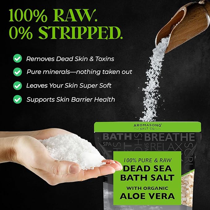 Aromasong 5 lbs Raw Dead Sea Salt with Organic Aloe Vera, not Cleaned, Still Contains All Dead sea Minerals Including Dead sea Mud, Fine Medium Grain Large resealable Bulk Pack (Packaging May Vary)