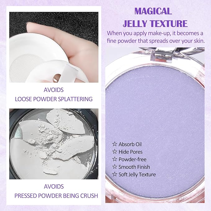 Oil Control Pressed Setting Powder, Lavender Matte Powder Soft Jelly Texture Powder-free Face Powder, Long-Lasting Waterproof Pressed Powder Makeup, Flawless Lightweight Face Cosmetics