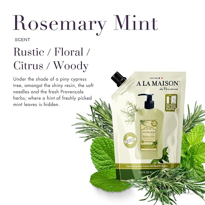 A LA MAISON French Liquid Hand Soap RefilL - Natural Hand Wash Made with Essential Oils - Biodegradable, Plant-Based, Vegan, Cruelty-Free (33.8 Fl Oz Pouch, 3 Pack, Rosemary Mint)