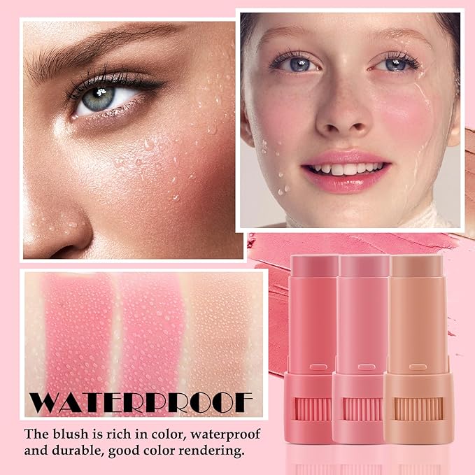Cream Blush Makeup,Buildable Blush Stick for Cheeks,Matte Finish,Long Multi Stick