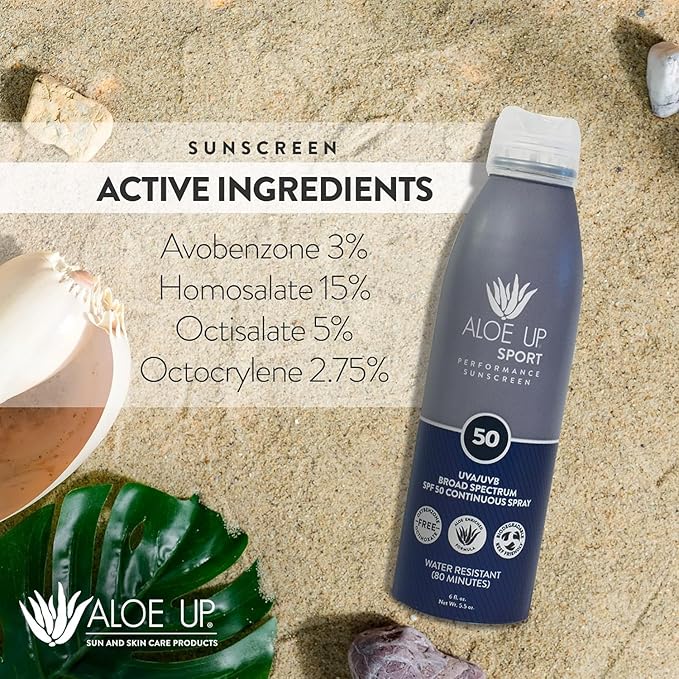 Aloe Up Sport Continuous Spray Sunscreen SPF 50- Broad Spectrum UVA/UVB Sunscreen Protector for Face and Body With Aloe Vera Gel Fast Absorbing Sheer Formula Reef Safe Fragrance-Free - 6 Oz 2 pack