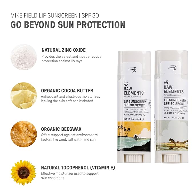 Raw Elements Mike Field Lip Sunscreen - SPF 30, UVA-UVB Protection, Reef-Safe, Non-Nano Zinc, Water Resistant, 0.15 oz (2 Pack)
