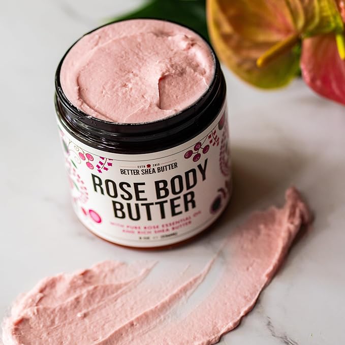 Rose Body Butter for Dry Skin with Whipped Shea Butter and Pure Essential Oil | Ultra Hydrating Rose Lotion for Women | All Natural Moisturizer with No Synthetic Fragrances
