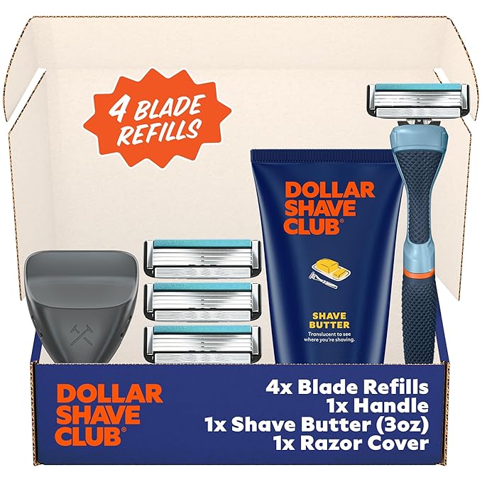 Dollar Shave Club | The Member Exclusive Shave Set | 4 Swift Rinse Refill Cartridges, 1 Handle (Blue), 1 Shave Butter 3 ounce, 1 Razor Cover