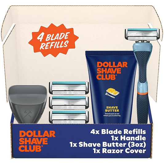 Dollar Shave Club | The Member Exclusive Shave Set | 4 Swift Rinse Refill Cartridges, 1 Handle (Blue), 1 Shave Butter 3 ounce, 1 Razor Cover