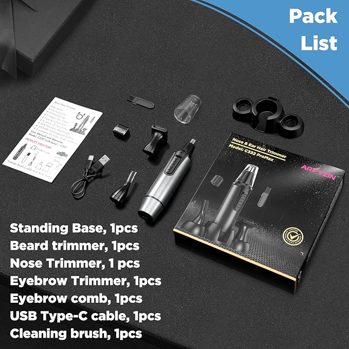 AREYZIN Nose Hair Trimmer for Men,Rechargeable Ear and Nose Trimmer Kit,Professional Painless Eyebrow Facial Hair Clipper, IPX7 Waterproof,Dual Edge Blades Easy Cleansing,Dark Gray