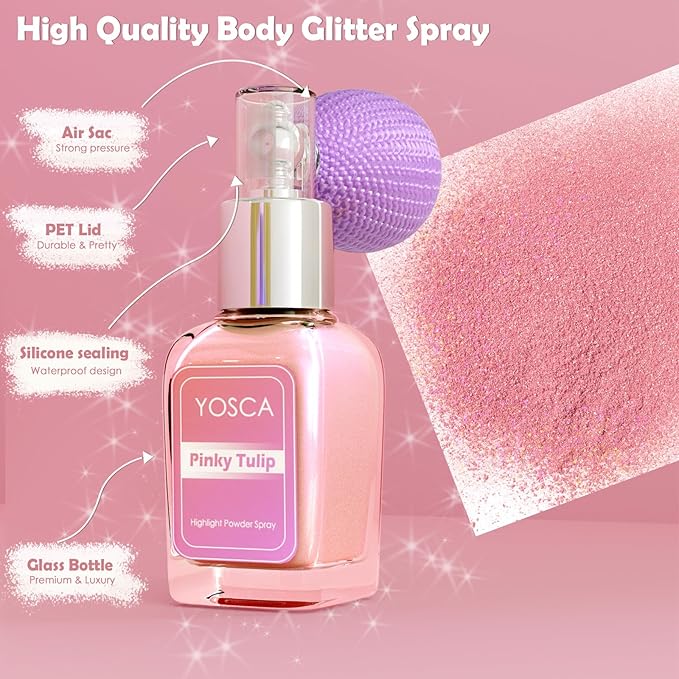 Yosca Highlighter Powder Spray, 20ML Cosmetic Grade Shimmer Powder Pink Glitter Spray Sparkle Highlighter Makeup Festival Concert Accessorise for Rave Clothes Hair Face Nail Art - Pinky Tulip