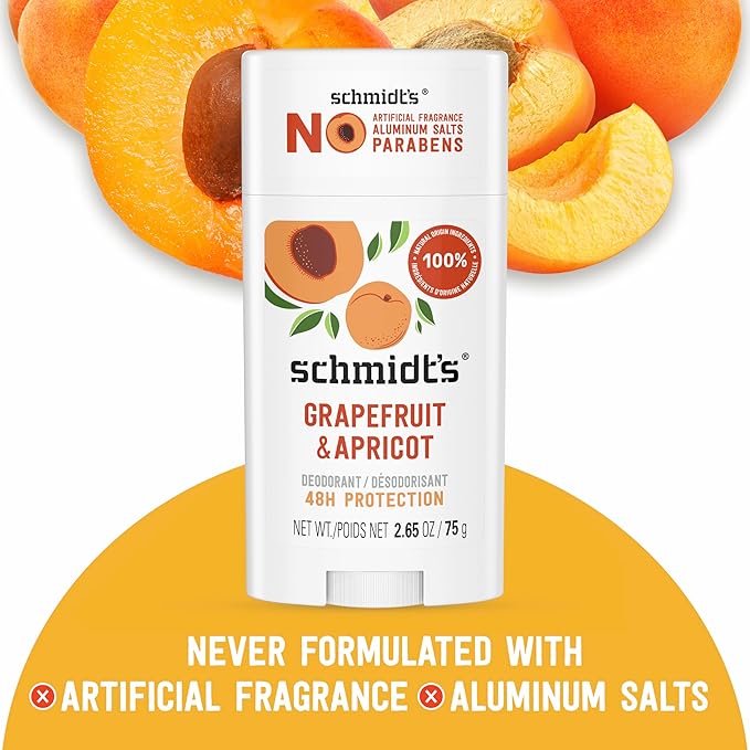 Schmidt's Aluminum-Free Vegan Deodorant Grapefruit & Apricot with 24-Hour Odor Protection, 2 Count for Women and Men, Natural Ingredients, Cruelty-Free 2.65 oz