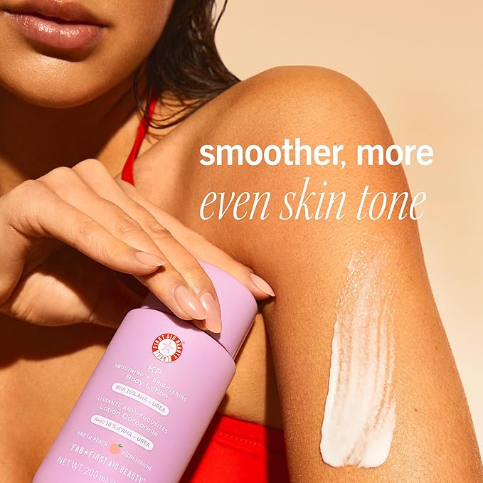 First Aid Beauty - KP Smoothing + Brightening Body Lotion with 10% AHA, Lactic Acid, Urea + Colloidal Oatmeal, Exfoliate + Moisturize, Banish Keratosis Pilaris Bumps, NEW Peach Scent (6. 7 fl oz)