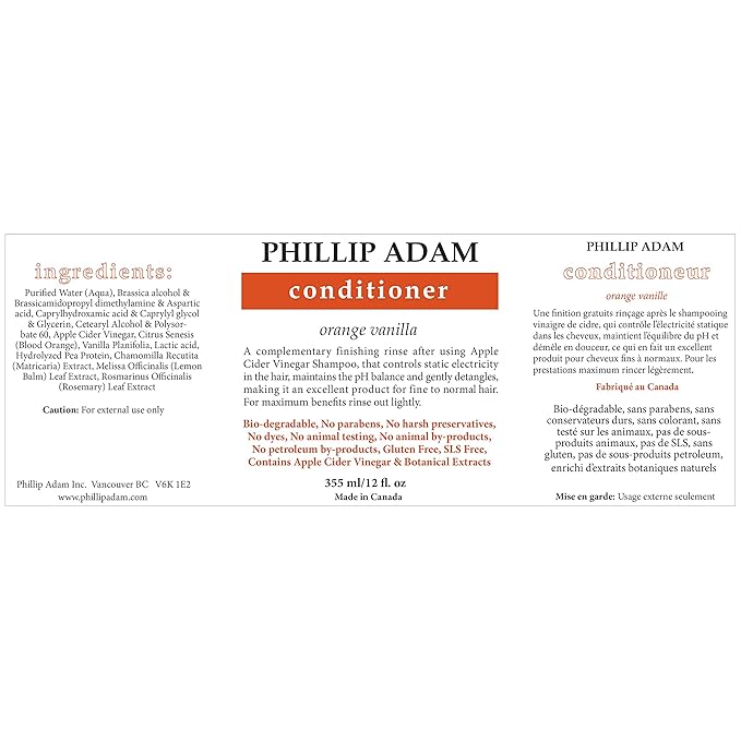 Phillip Adam Orange Vanilla Shampoo and Conditioner Set for All Types of Hair – Apple Cider Vinegar Formula - Enhance Shine and Restore Smoothness - 12 Ounce Each