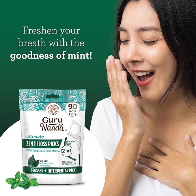GuruNanda 2 in 1 Dental Floss Picks - Non-Slip Grip Handle, Slide Easy, No Break or Shred Flosser - Complete Oral Care with Interdental Pick for Healthy Teeth & Gums - Mint Flavor, 90 Count (1 Pack)