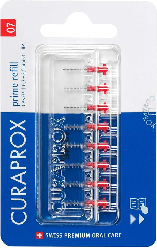 Curaprox CPS 07 Prime Refill Pack Interdental Brushes, 0.7mm to 2.5mm, Red (8 Pack)