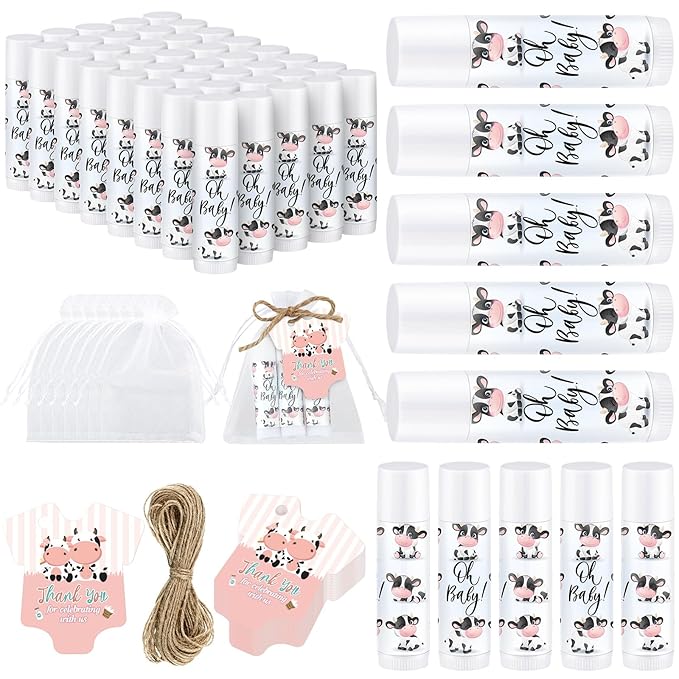 Demissle 50 Pcs Baby Shower Lip Balm Gift Set with 100 Pcs Organza Bags Baby Shower Party Favor for Guest Thank You Tag Rope Baby Shower Party Decoration Gender Reveal Souvenirs(Cow)