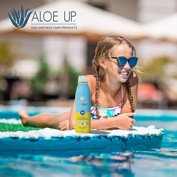 Aloe Up Kids Continuous Sport Sunscreen Spray SPF 50 - Broad Spectrum Sheer Face and Body Sunscreen Protector for Sensitive Skin - With Aloe Vera Gel - Dries Fast - Reef Safe - Fragrance-Free - 6 Oz