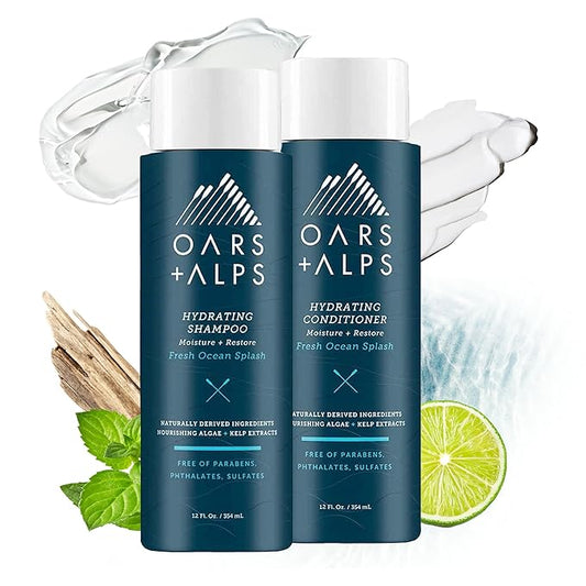 Oars + Alps Men's Sulfate Free Hair Shampoo and Conditioner Set, Infused with Kelp and Algae Extracts, Fresh Ocean Splash, 12 Fl Oz Each