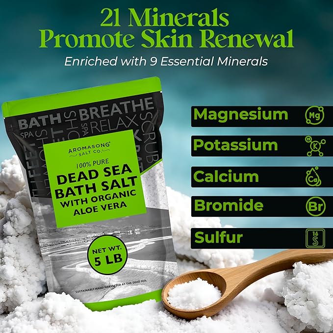 Aromasong Dead Sea Salt with Organic Aloe Vera, Spa Bath Salts, 5 Lbs Fine Bulk resealable Pack, 100% Pure & Natural, Soak for Women & Men for Tired Muscles & Skin Issues (Packaging May Vary)