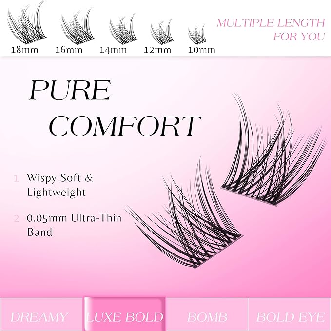 VEYESBEAUTY Lash Clusters Individual Eyelash Extensions Thin & Invisible Band DIY False Eyelashes for Self-application Newbie's Five-Second Series Wispy Lash Tray, LuxeBold 16mm Single Length