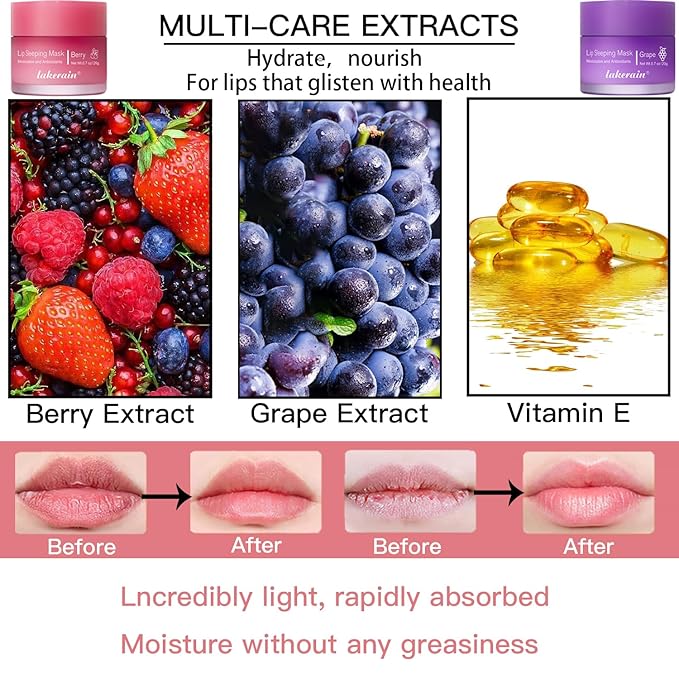 2PCS Lip Sleeping Mask, Lip Mask Overnight, Moisture & Lip Plumper Lip Wrinkles, Repair Lip Balm Prevention Dry and Cracked Lip Scrubs Exfoliato Smoothing Dry Lip Mask (Berry + Grape)