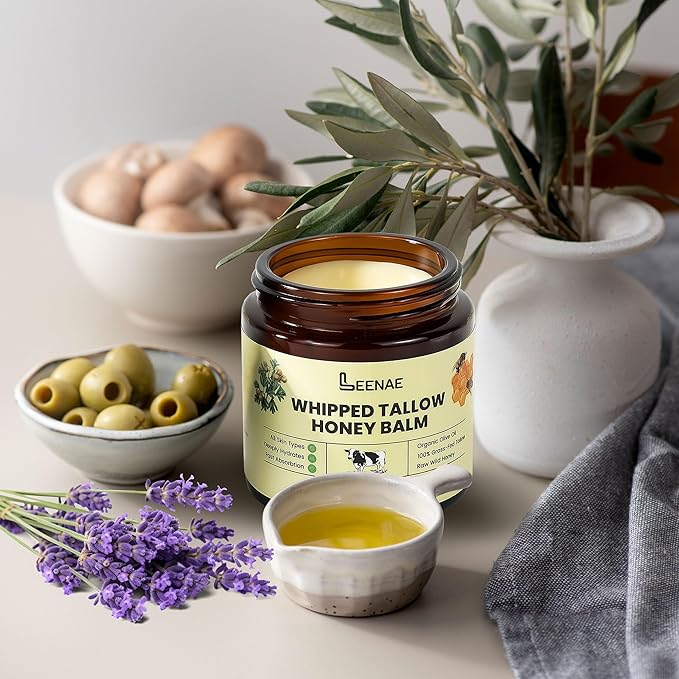 Whipped Beef Tallow Honey Balm | Grass Fed Tallow Face Moisturizer | Natural Unscented Beef Tallow for Skin with Olive Oil (4 Oz)