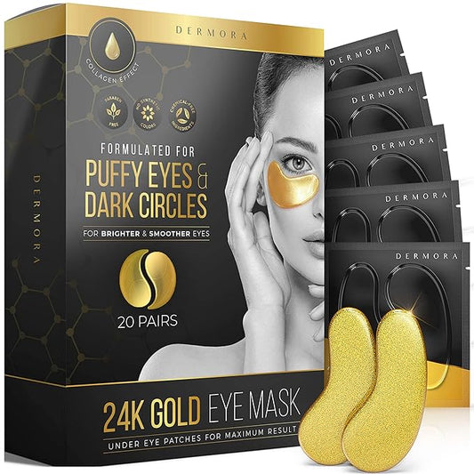 DERMORA Skin Treatment Mask 24K Gold Eye Mask - 20 Pairs Eye Gels - Rejuvenating Treatment for Dark Cirlce,Puffiness,Refresh,Revitalizing,Travel,Wrinkles