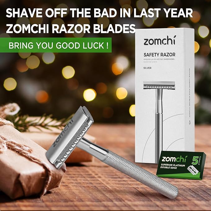 ZOMCHI Double Edge Safety Razor for Men & Women, Metal Razor with 5 Double Edge Safety Razor Blades, Single Blade Razor – Silver