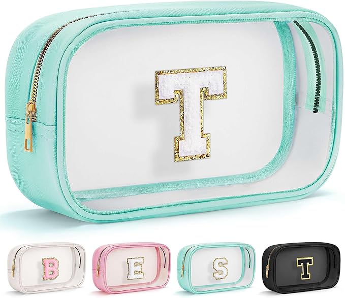 YOOLIFE Initial Make Up Bag Travel Toiletry Bag, Clear Makeup Bag Preppy Cosmetic Bags Organizer Travel Essentials Gifts for Women Teen Girlfriend Teacher Mom Birthday 12 Year Old Girl Gifts Blue T